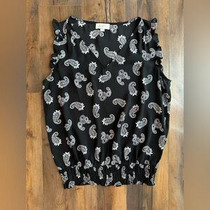 LOFT Black Paisley Blouse Ruffle Hem Boho Festival Top Size Small